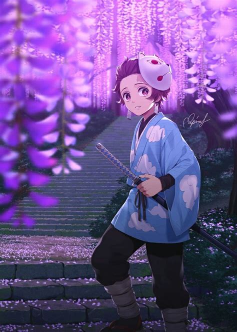 An Anime Character Standing In Front Of Purple Flowers