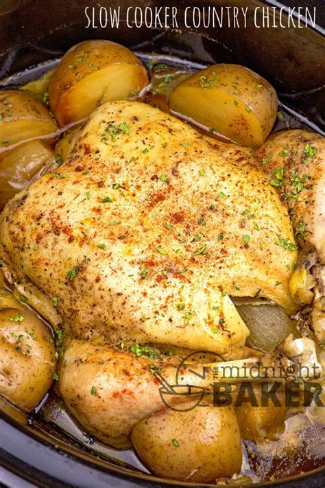 This easy slow cooker chicken recipe is made with some wine or chicken broth, condensed soups, stuffing crumbs, and boneless chicken breasts. Slow Cooker Country Chicken - The Midnight Baker