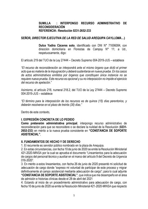 Modelo De Recurso Administrativo De Reconsideración 1 Sumilla