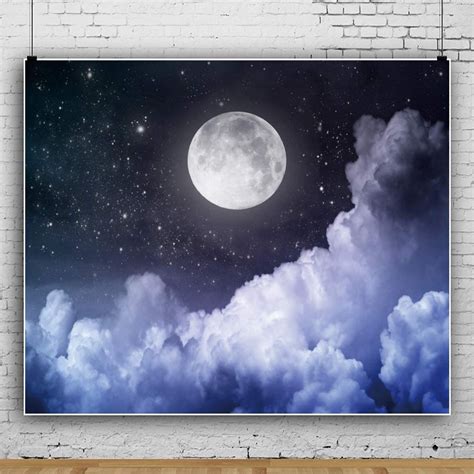 Laeacco 10x8ft Cloudy Night Sky Photo Backdrop Full Moon Cloud Stars In