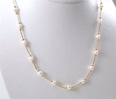 Estate Vintage 14k Yellow Gold Pearl Tin Cup Necklace Chain 18