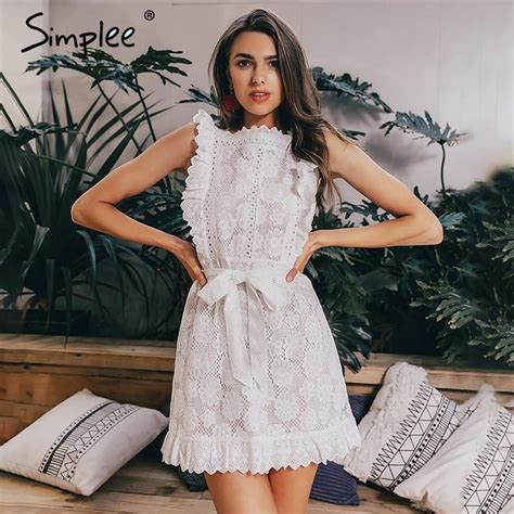 Simplee Elegant Embroidery Lace Women Dress Hollow Out Sashes Ruffle White Summe Dresses