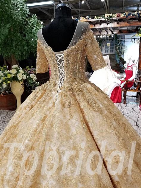 Gold Wedding Dress Plus Size Custom Made Prom Formal Dress