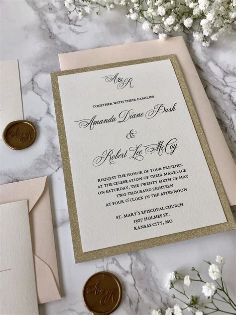 Gold Glitter Wedding Invitation With Blush Envelopes And Wax Seal — Cz