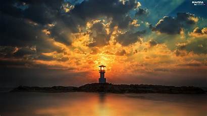 Lighthouse Sea Wallpapers Sun Clouds Beam Rays
