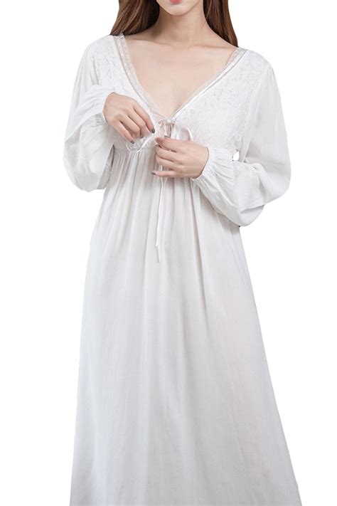 Womens Long Sleeve Vintage Lace V Neck Nightgown Cotton Sleepwear