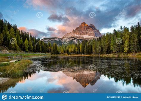 Lake Mountain Landcape With Alps Peak Reflection Lago Antorno Stock