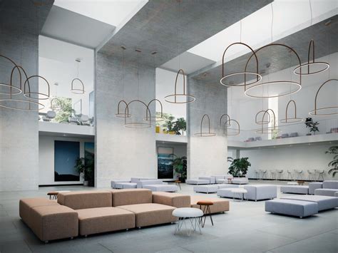 A Large Room With Couches Tables And Hanging Plants In The Middle Of It