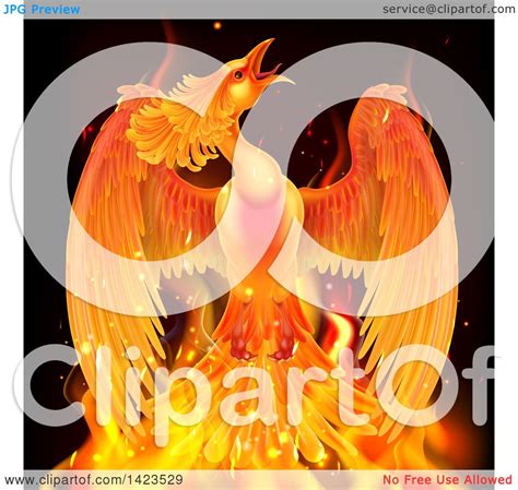 Clipart Of A Flying Fiery Phoenix Bird Rising From Flames Royalty