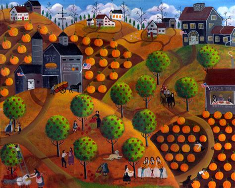 Pumpkin And Apple Primitive Village And Farm Original Folk Art Painting