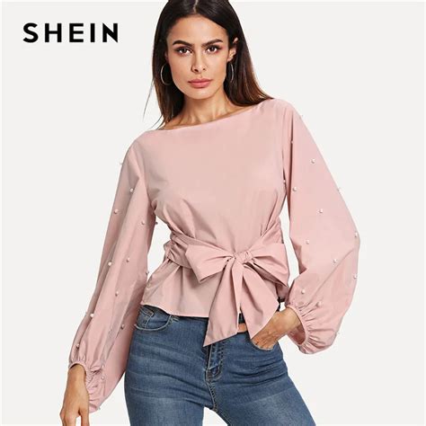 Buy Shein Pearl Beaded Bishop Sleeve Belted Top Pink