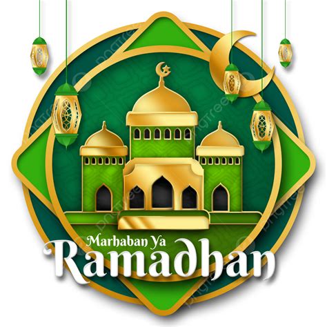 Realistic Marhaban Ya Ramadhan With Green Golden Mosque Decoration