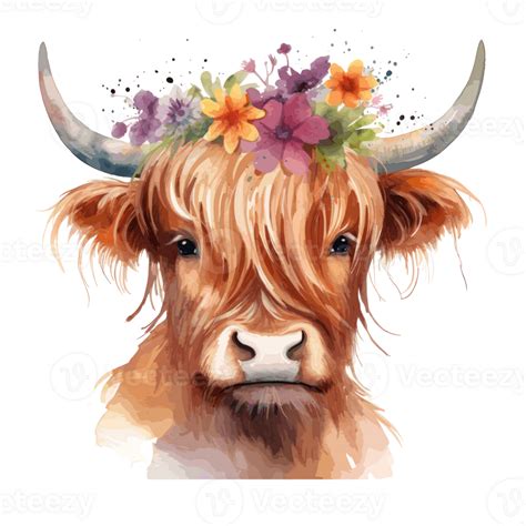 Cute Highland Cow Wearing Flower Crown Watercolor Ai Generated
