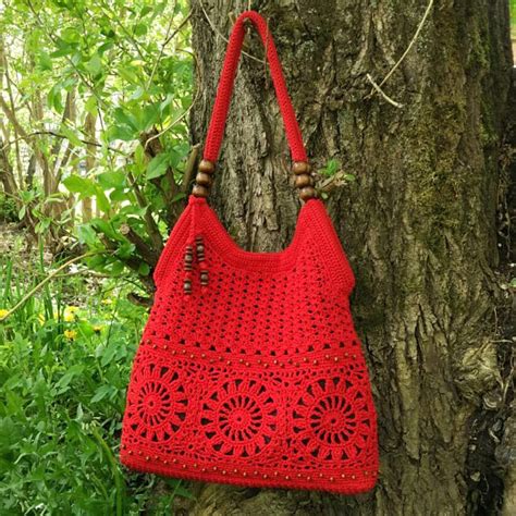 Red Handmade Crochet Bag Summer Cotton Boho Handbag Crochet Purse