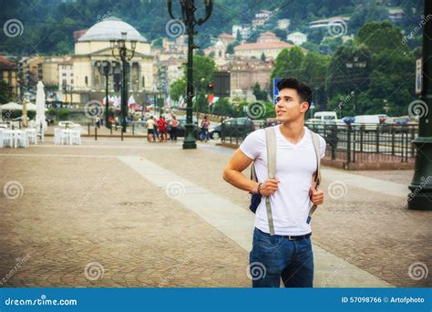 Handsome Young Man Walking In European City Square Stock Photo Image