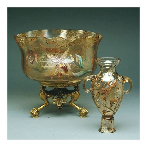 An Emile Galle Etched And Enameled Glass Gilt Bronze Mounted Bowl And An Emile Galle Enameled