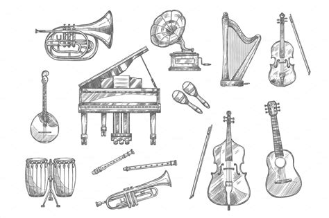 Musical Instrument Sketch Of Classic Jazz Music Illustrations