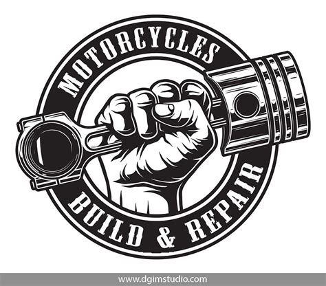 Vintage Monochrome Motorcycle Repair Service Emblem With Male Hand Holding Engine Piston Click