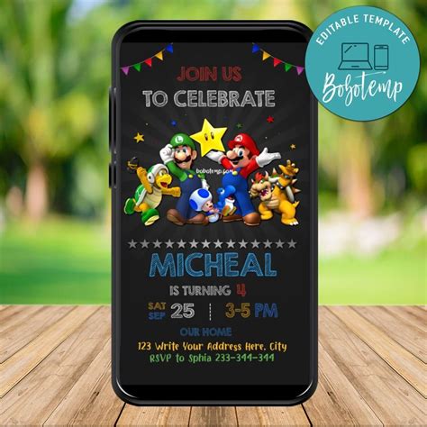 Mobile Super Mario Birthday Electronic Invite Invitation Instant