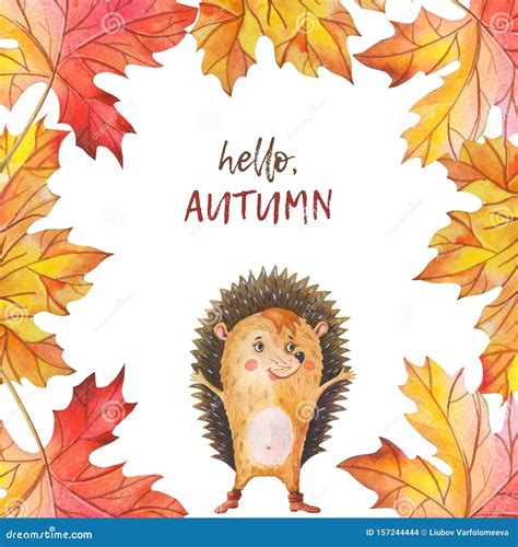 Watercolor Hedgehog And Autumn Leaf Fallone Cartoon Forest Animal On A