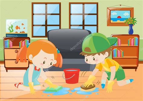 Two Kids Cleaning Floor At Home Stock Vector Image By ©brgfx 127194648