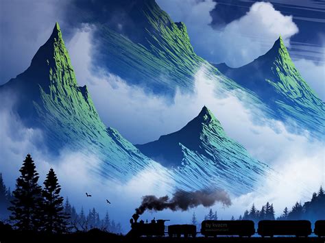 Download Wallpaper 1600x1200 Train Mountains Art Fog