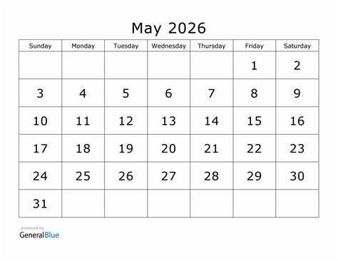 Printable May 2026 Calendar