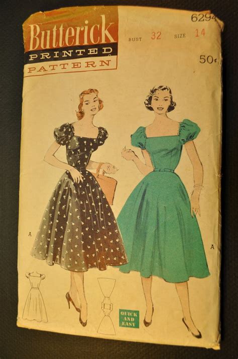 Dress With Puffed Sleeves Vintage 1950s Sewing Pattern Butterick 6294