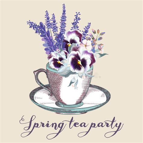 Cup Of Tea With Vector Spring Flowers Tea Party Stock Vector