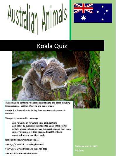 Australian Animals Koala Quiz Tour2teach