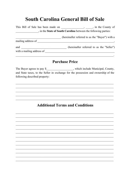 South Carolina Generic Bill Of Sale Form Fill Out Sign Online And