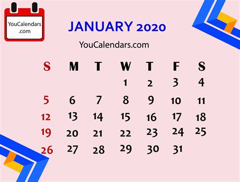 Editable January 2020 Calendar Calendar Template Printable