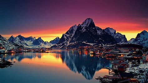 Hd Wallpaper Photography Lofoten House Lake Mountain Norway Snow