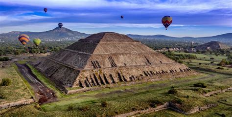Aerial View Of Hot Air Balloons Above The Teotihuacan Pyramid In Mexico City Stock Image Image