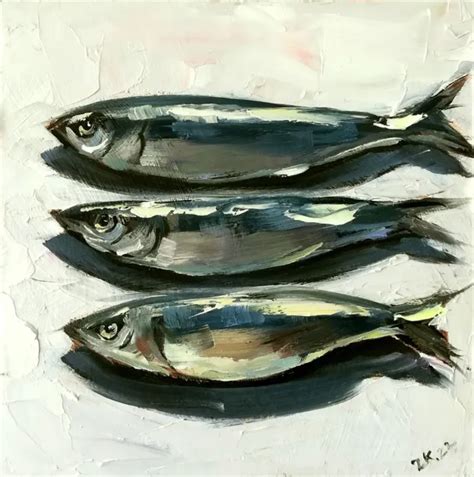ORIGINAL OIL PAINTING Fish Sardines Art Food Still Life Impressionism