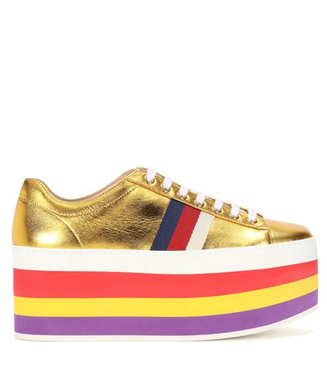 Gucci Peggy Metallic Leather Rainbow Platform Sneakers In Gold Modesens
