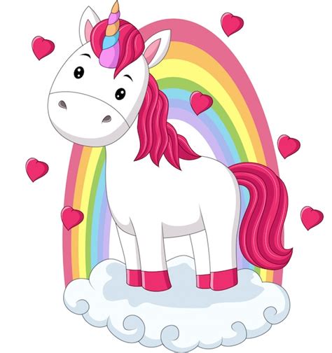 Premium Vector Cartoon Baby Pony Unicorn Standing On Clouds With Rainbow