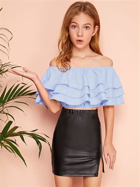 Girls Off Shoulder Layered Top And Split Hem Pu Leather Skirt Set Shein