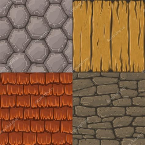 Collection Of Four Vector Cartoon Seamless Textures Stones Roof Tiles