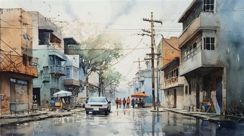 Premium AI Image Watercolor Urban Street Scene