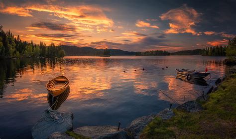 Hd Wallpaper The Sky Sunset Lake Boats Norway Ringerike Ole