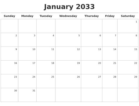 January 2033 Calendar Maker