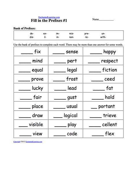 Fill In The Prefixes Worksheets
