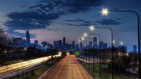 1080p Free Download Highway Into Chicago In Long Exposure Highway