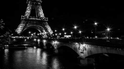 Black And White Bridge Eiffel Tower Lights Long Exposure Night