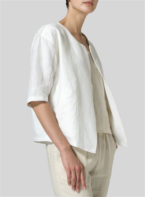 White Linen Open Front Jacket Set Plus Size