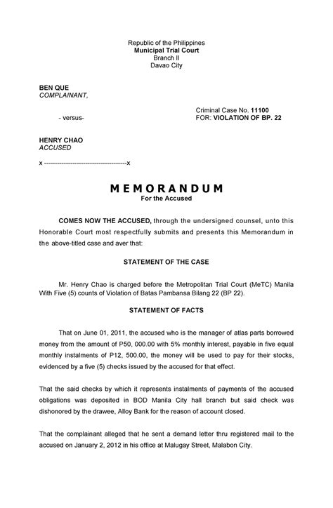Legal Memo Cases Republic Of The Philippines Municipal Trial Court Branch II