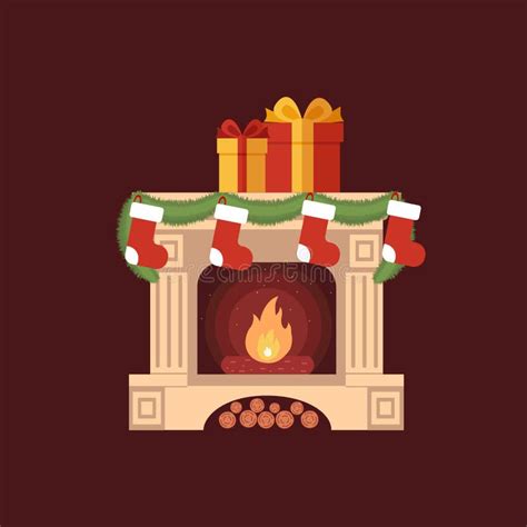 Retro Fireplace With Christmas Stockings Red And Stock Vector