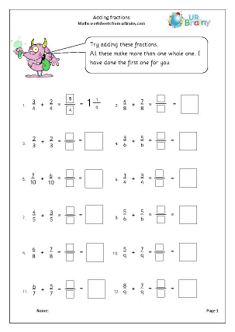 Adding fractions (2) - Fraction and Decimal Worksheets for Year 4 (age