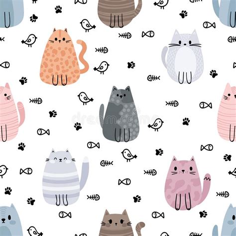Seamless Pattern With Cute Cats And Kittens Doodle Characters Stock